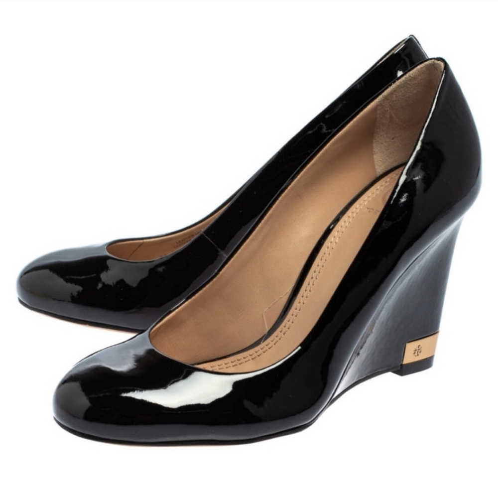 Tory Burch Black Patent Leather Wedges